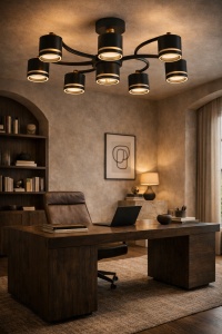 Plafonieră LED modernă cu design ondulat și spoturi rotunde orientabile, finisaj negru elegant