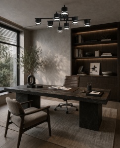 Plafonieră LED modernă cu spoturi direcționabile, design negru mat și accente circulare luminoase