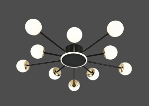 Lustră modernă tip spider cu globuri opal și accente metalice aurii, având un design simetric și elegant