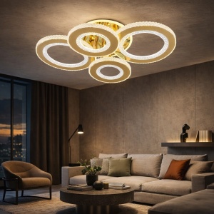 Lustră LED modernă cu patru inele luminoase aurii, dispuse geometric și cu detalii cristaline
