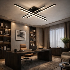 Lustră LED modernă neagră, cu bare luminoase încrucișate, perfectă pentru un decor contemporan în living sau dormitor