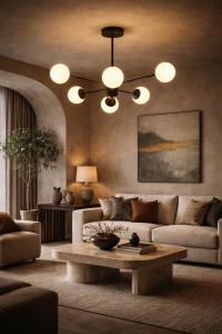 Lustră modernă neagră cu globuri opal, design minimalist pentru iluminat elegant în living sau dormitor