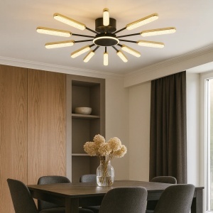Lustră LED modernă neagră, cu brațe multiple dispuse radial și tuburi luminoase orientate spre exterior
