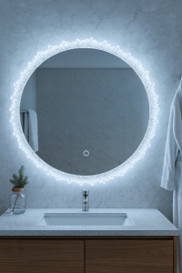 oglindă rotundă LED pentru baie cu iluminare rece, caldă și neutră, design elegant cu rama acrylic ca de glaciar