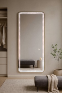 oglinda LED dreptunghiulara cu 3 tipuri de lumina rece calda neutra, agatabila si cu suport, rama aluminiu