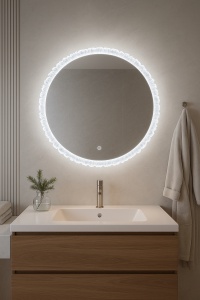 Oglindă rotundă de baie cu LED și ramă din acrylic, iluminare rece, caldă și neutră, control touch modern