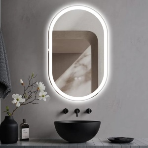 oglindă LED ovală cu funcție de dezaburire și trei tipuri de lumină – rece, caldă și neutră, design modern pentru baie