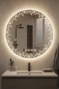 oglindă de baie rotundă cu design modern, minimalist, ramă decorativă LED- lumina rece, calda si neutra, dezaburire și ceas electronic