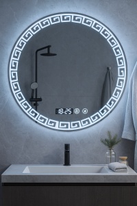 oglindă rotundă cu model geometric, ceas digital și iluminare LED rece, calda si neutra,  pentru baie modernă