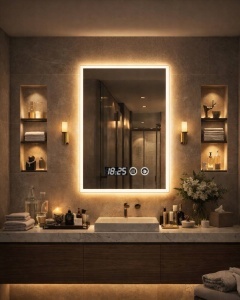Oglinda LED DECORIALE cu Dezaburire , Ceas si Termometru 80x60cm - "Vertes"