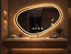 Oglinda baie LED forma organica cu iluminare si afisaj digital design modern