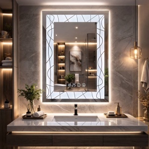 Oglinda LED DECORIALE cu Dezaburire , Ceas si Termometru 90x70cm - "Serenique"