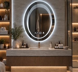 Oglinda baie LED ovala cu iluminare integrata, afisaj digital si senzor de miscare