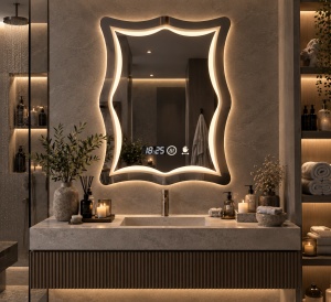 Oglinda LED DECORIALE cu Senzor de Mișcare, Dezaburire, Ceas și Termometru 80x60cm - "Vensora"