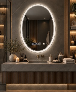 Oglinda baie LED ovala cu iluminare integrata, afisaj digital si senzor de miscare