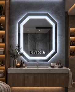 Oglinda geometrica pentru baie cu LED, ceas digital si senzor de miscare