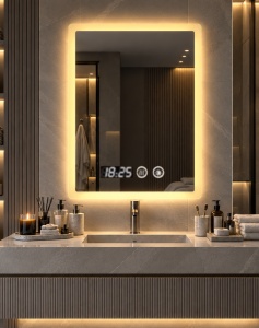 Oglinda LED Touch DECORIALE cu Dezaburire , Ceas si Termometru 80x60cm - "Windor"