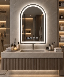 Oglinda baie LED cu forma arcuita, afisaj digital si buton touch, design modern
