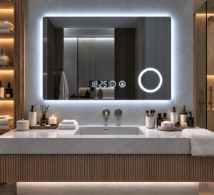 Oglinda baie LED dreptunghiulara cu inel cosmetic, afisaj digital si buton touch