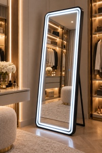 Oglinda LED verticala cu rama neagra si buton touch, design modern pentru dressing