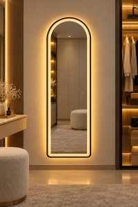 Oglinda LED verticala cu rama neagra si buton touch, design modern pentru dressing