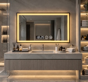 Oglinda LED Touch DECORIALE cu Rama Neagra, Dezaburire , Ceas si Termometru 100x60cm - "Norden"
