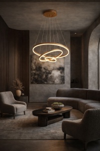 Lustră LED suspendată modernă cu trei inele luminoase aurii, dispuse în design spirală elegantă