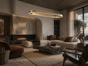 Lustră LED suspendată ovală, design modern aurit cu lumină integrată