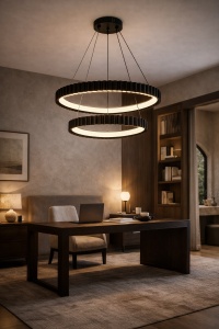 Lustră LED modernă cu două cercuri suspendate negre, design minimalist pentru living, iluminare decorativă eficientă, perfectă pentru interioare contemporane
