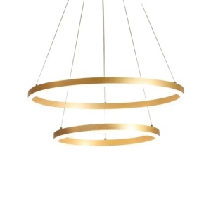 Lustră LED modernă suspendată aurie cu cercuri interconectate, iluminat decorativ cald pentru living elegant și interioare contemporane