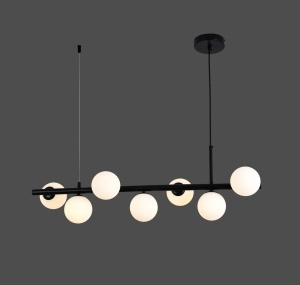 Lustră lineară modernă neagră cu globuri opal rotunde, iluminat suspendat elegant pentru living sau dining în stil contemporan