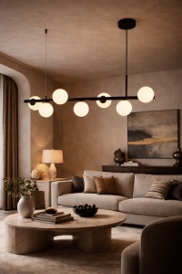 Lustră lineară modernă neagră cu globuri opal rotunde, iluminat suspendat elegant pentru living sau dining în stil contemporan