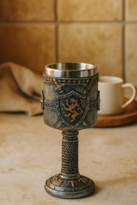 pocal medieval decorativ gri cu scut ornamentat și leu heraldic auriu