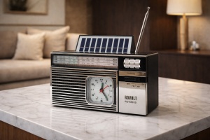 Radio retro portabil cu ceas analogic, panou solar și antenă telescopică, radio FM AM SW pentru interior și exterior