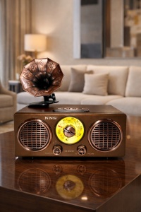 Radio retro NNS NS-802BT cu design vintage și difuzor tip gramofon, radio FM analogic cu finisaj metalic