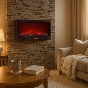Șemineu decorativ electric cu efect de jar, Bluetooth integrat, montaj pe perete sau pe suprafață plană, rama modernă