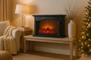 Șemineu decorativ electric cu efect de flăcări și lemne incandescente, rama neagră cu design clasic, pentru decor interior