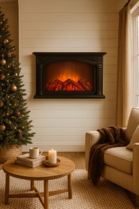 Șemineu decorativ electric cu efect de flăcări și lemne incandescente, rama neagră cu design clasic, pentru decor interior