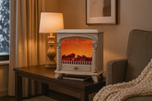 Șemineu electric decorativ vintage alb antichizat cu efect de flacără roșie, ideal pentru living clasic
