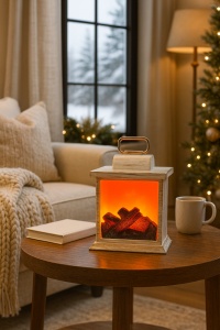 șemineu decorativ alb de masă cu efect de jar, ideal pentru decor de Crăciun