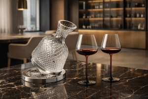 decantor de sticla rotativ pentru vin roșu, înclinată pe suport metalic, alături de două pahare elegante