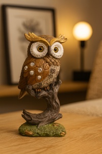 statuetă bufniță decorativă, așezată pe o ramură, simbol al înțelepciunii și clarității