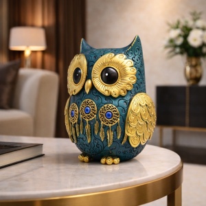 Statuetă bufniță decorativă turcoaz cu detalii aurii și ochi mari, simbol al înțelepciunii și protecției