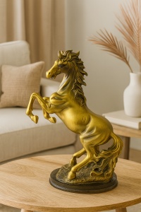 Ornament decorativ cal cabrat, statuetă aurie cu detalii expresive