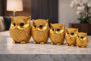 Set statuete bufnite aurii decorative figurine familie bufnite decor interior