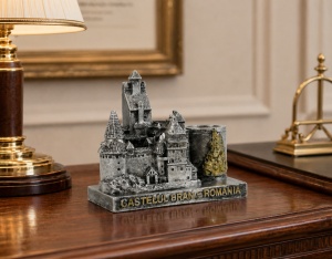 Suport decorativ pentru pixuri cu Castelul Bran, suvenir Romania pentru birou