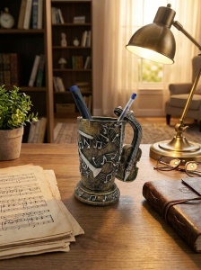 Suport decorativ pentru pixuri in forma de halba cu vioara si note muzicale, accesoriu elegant pentru birou