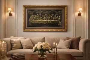 Tablou Cina cea de Taină, model relief auriu cu ramă ornamentală aurie și fundal negru, artă religioasă pentru decor interior.