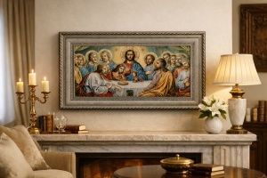 Tablou decorativ religios Cina cea de Taină, scenă clasică cu Iisus și apostolii, în ramă ornamentală