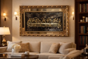 Tablou decorativ Cina cea de Taină cu ramă aurie și contur din oglindă, decor religios pentru interior.